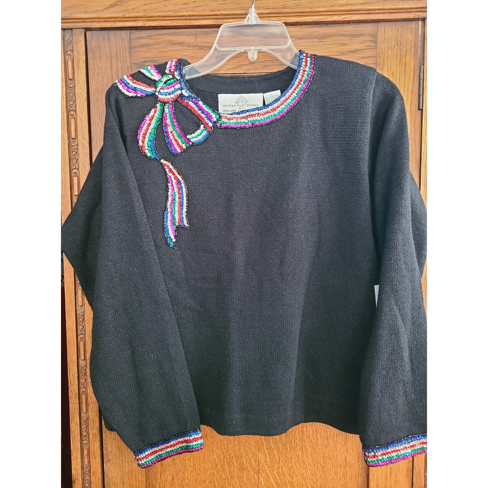 Design Options Philip & Jane Gordon Black Sequin Bow Sweater Vintage 6646 L